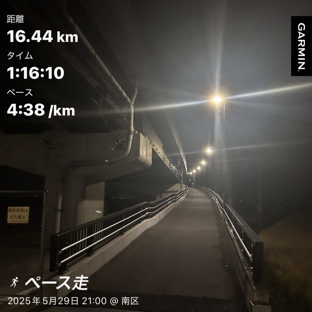 5/29 【ラン記録】ペース走 16kmを4’38/km AdizeroエヴォSL|ナイトラン記録