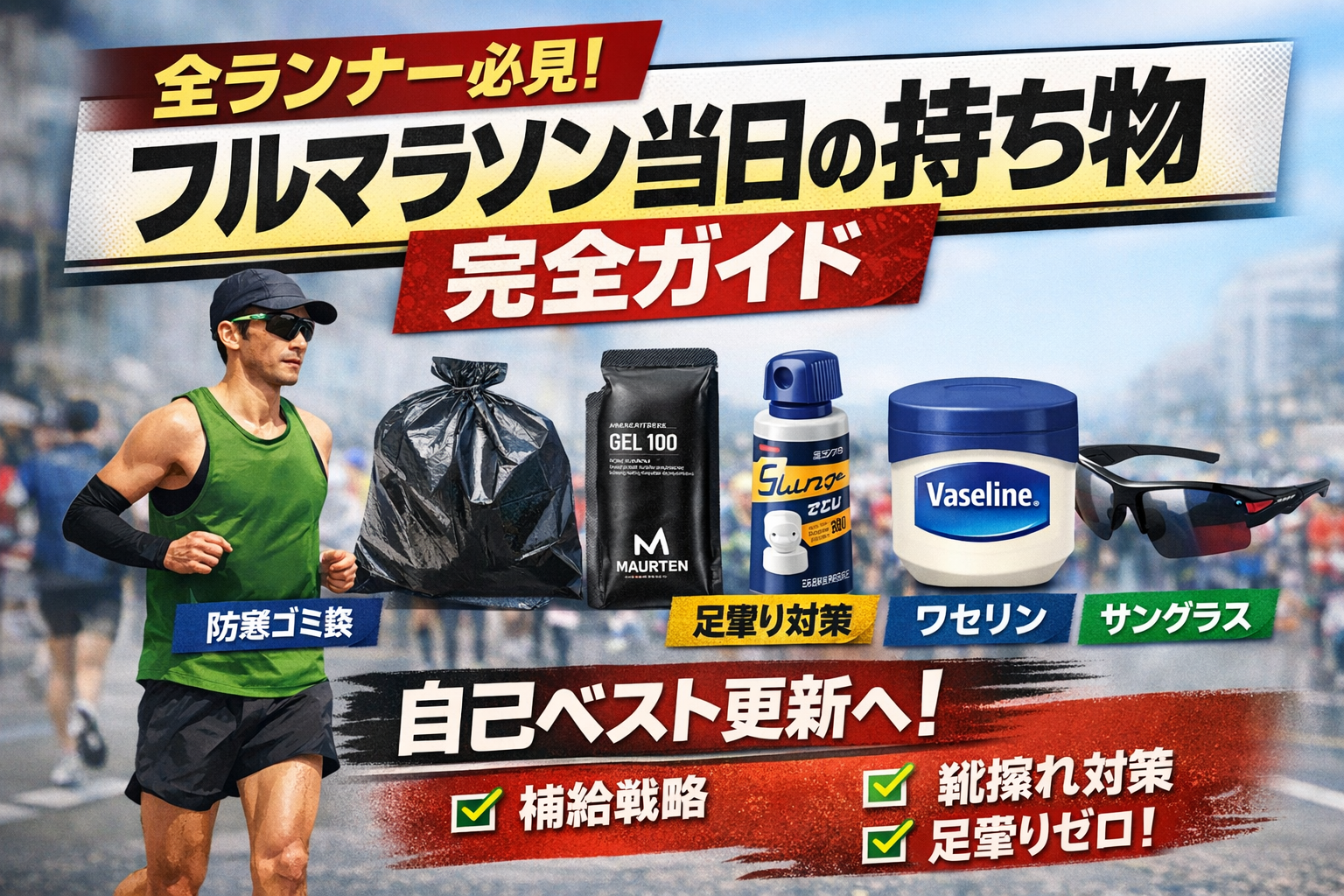 【全ランナー向け】フルマラソン当日の持ち物完全ガイド｜自己ベストを狙う人も完走目的の人も必見